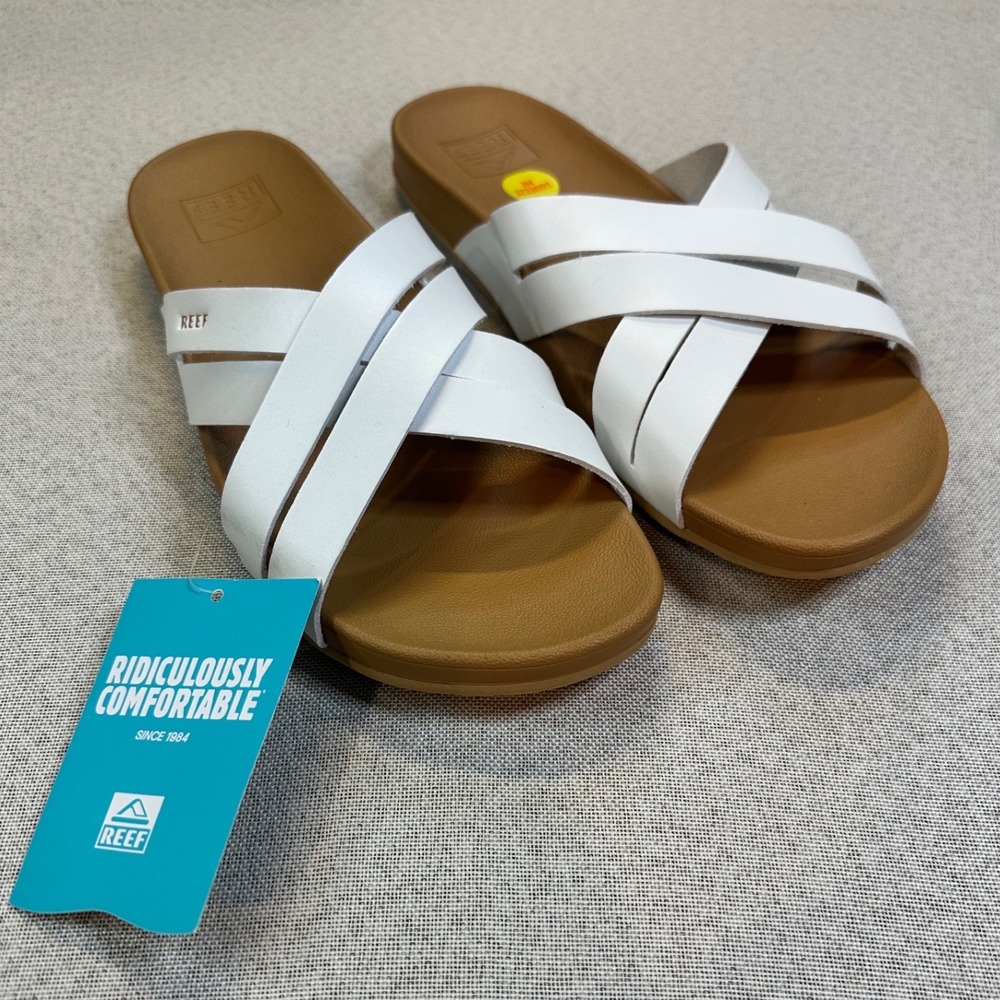 Reef Cushion Spring Bloom Sandals Womens 11 White Tan Vegan Leather Slide Surf